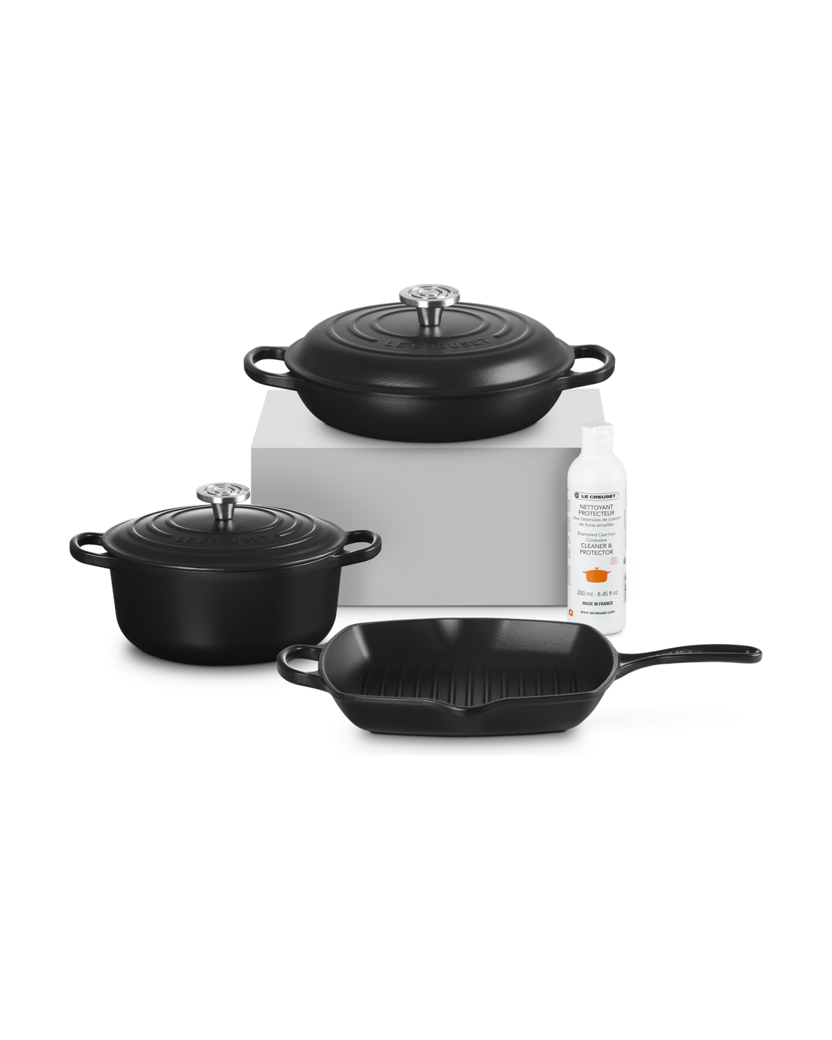 Le Creuset Cast Iron 3-piece Starter Set with Cleaner – Satin black