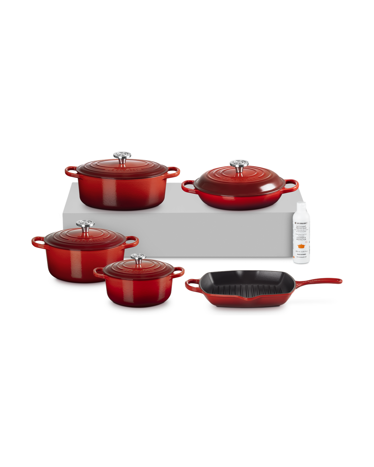 Le Creuset Cast Iron 5-piece Essential Set with Cleaner – Cerise