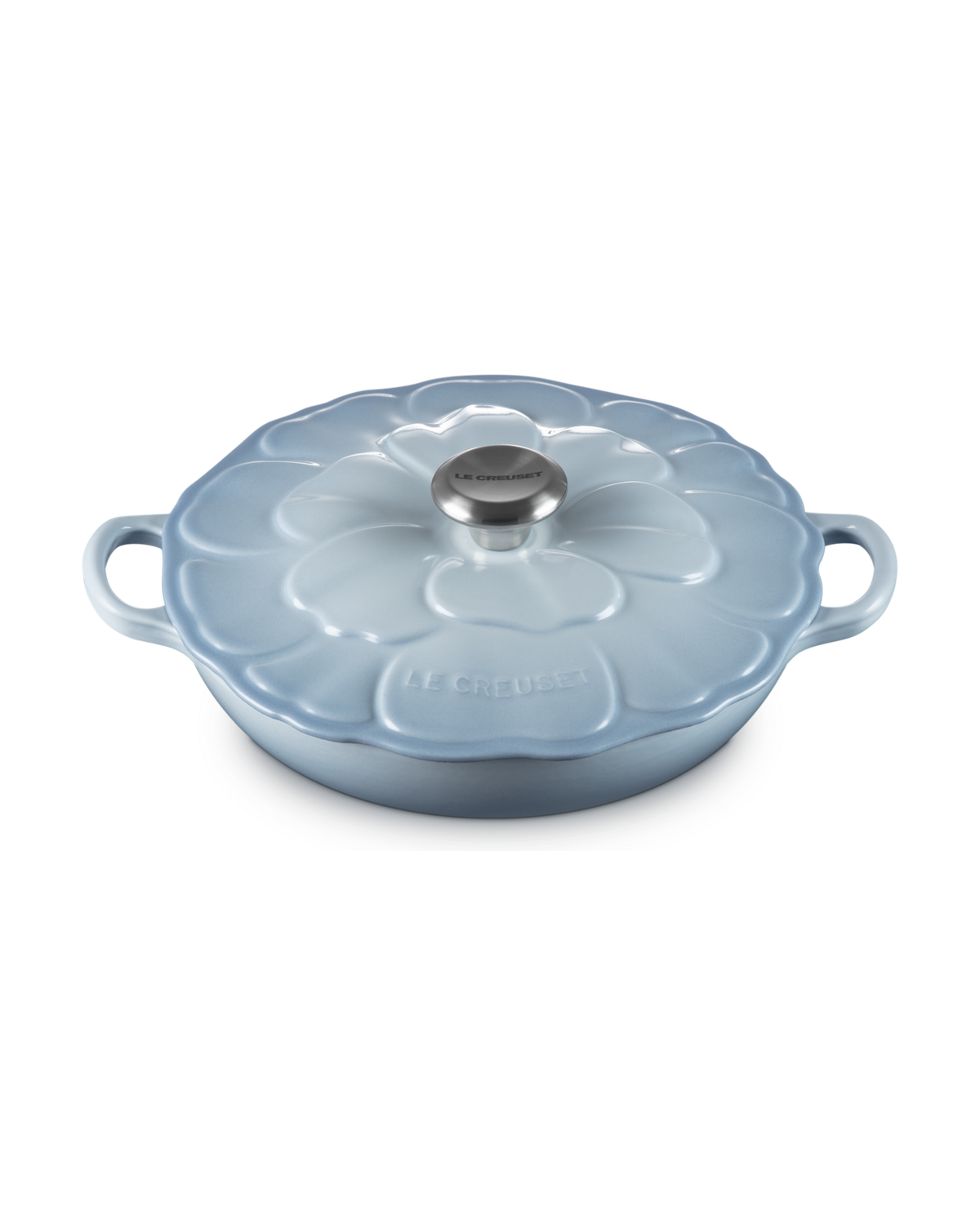 Le Creuset Cast Iron Petal Shallow Casserole with Signature Knob – Coastal Blue