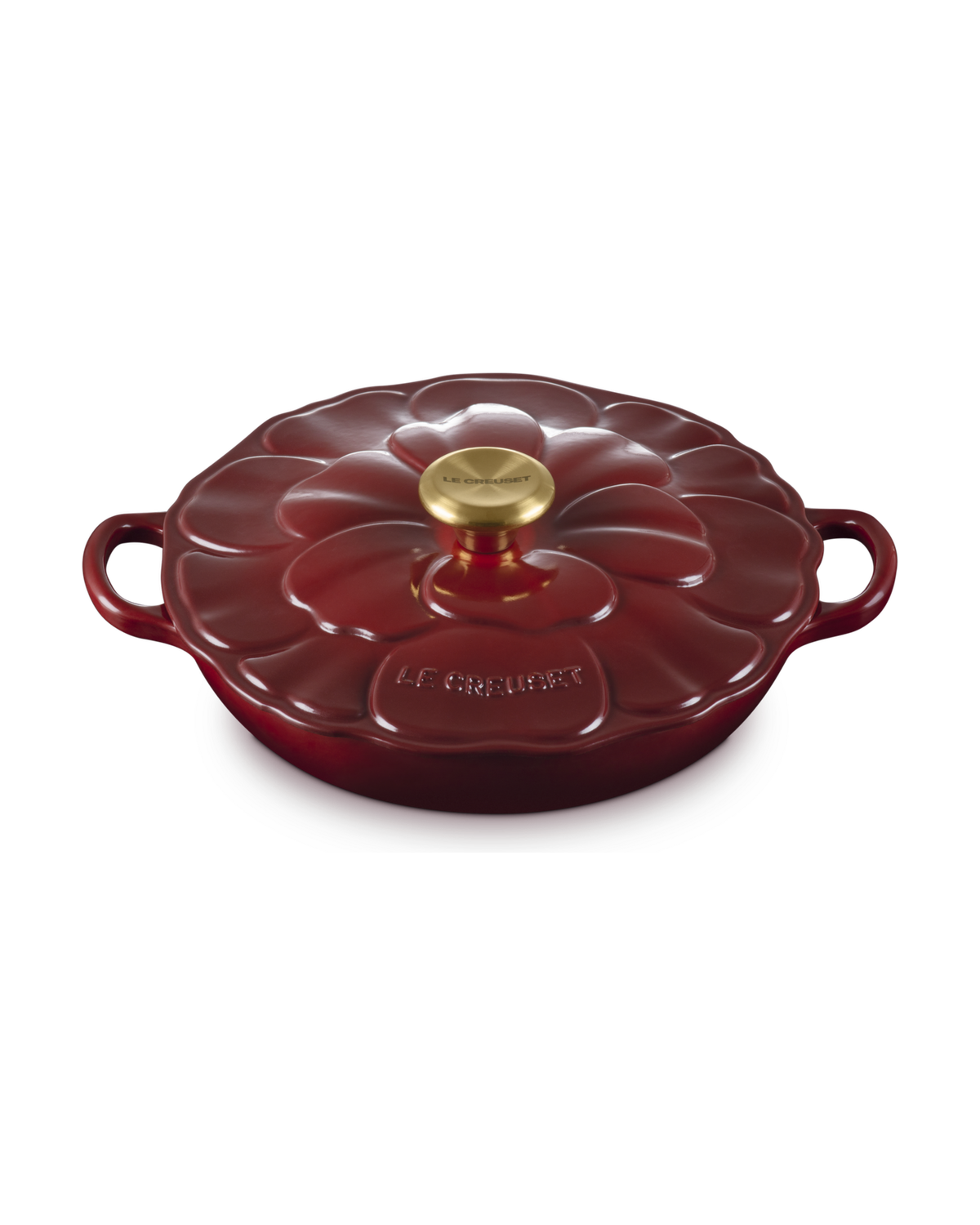 Le Creuset Cast Iron Petal Shallow Casserole with Signature Knob – Garnet