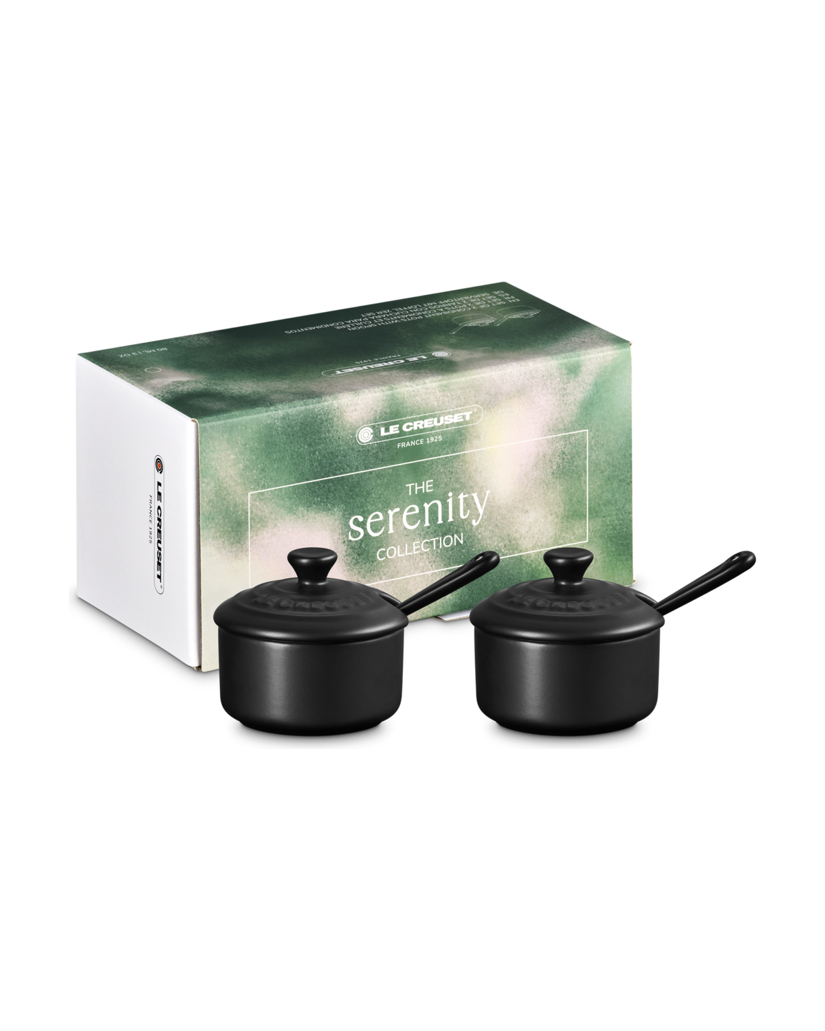 Le Creuset Stoneware Serenity Set of 2 Condiment Pots with Spoon – Satin black