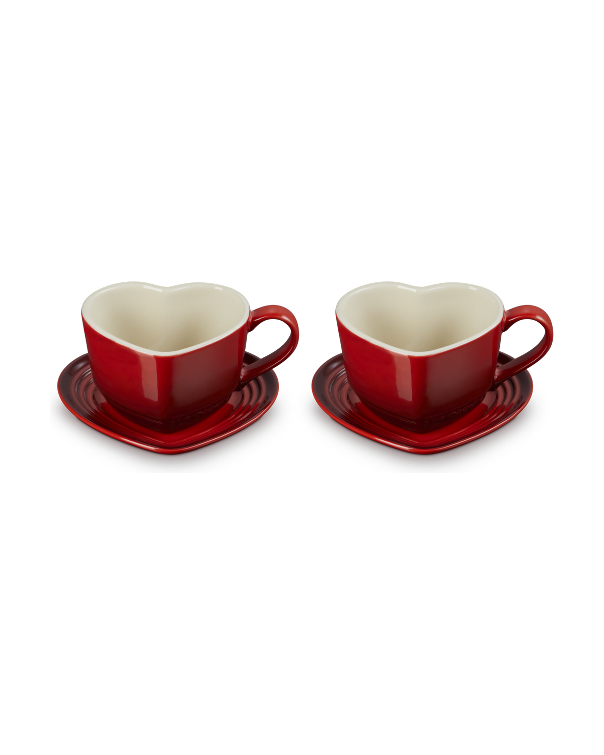 Le Creuset Stoneware Set of 2 Heart Mugs with Saucers – Cerise