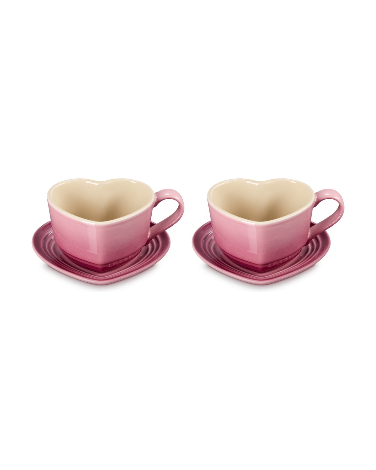 Le Creuset Stoneware Set of 2 Heart Mugs with Saucers – Rose Quartz