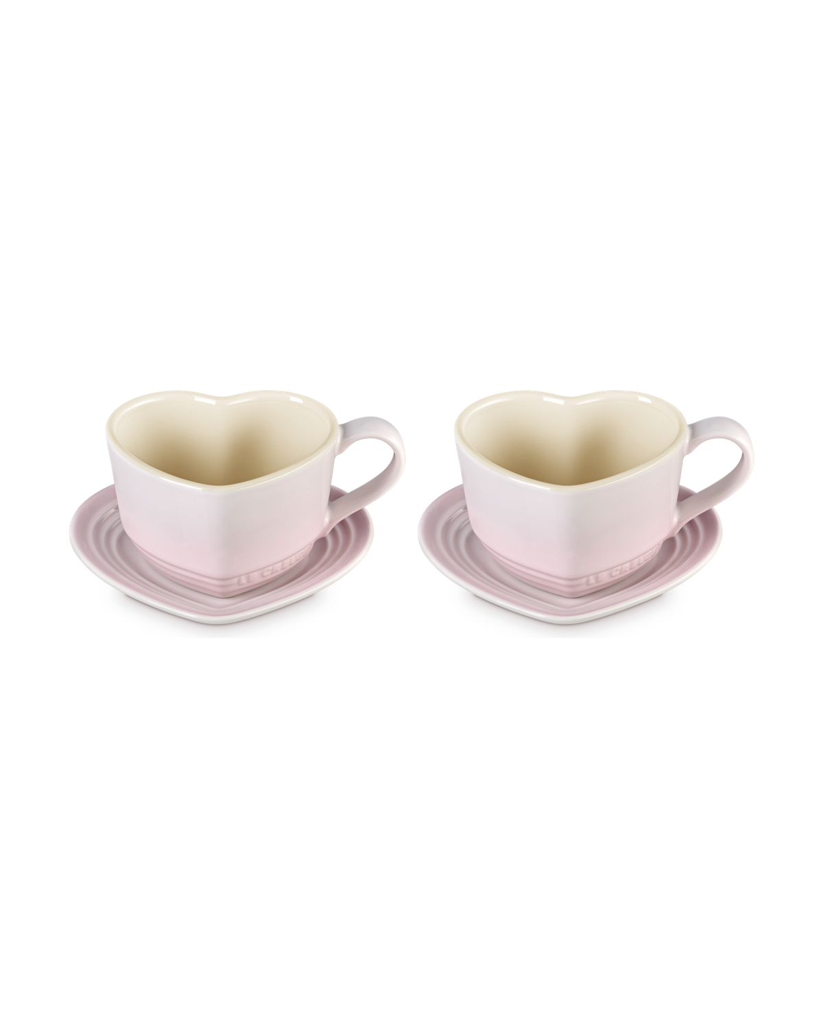 Le Creuset Stoneware Set of 2 Heart Mugs with Saucers – Shell Pink